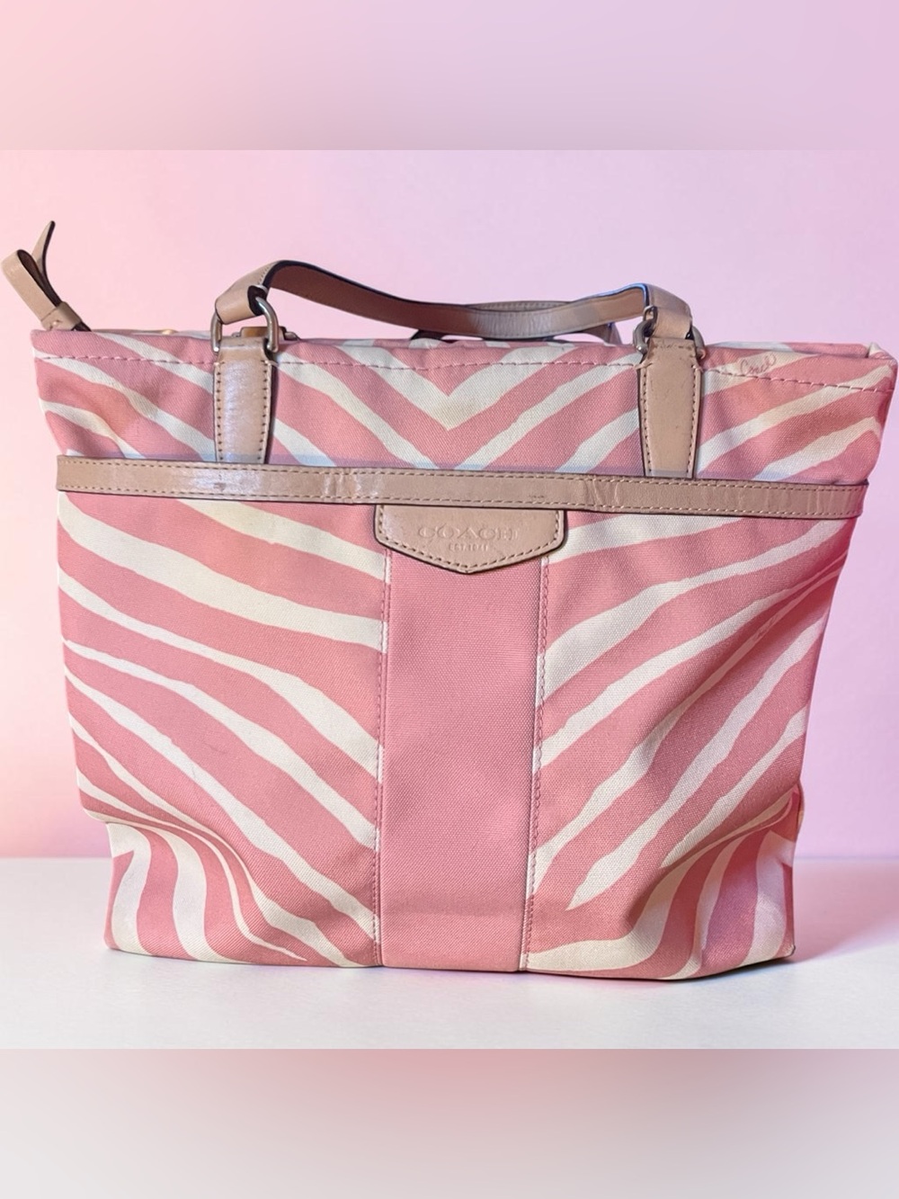Coach, pink and white zebra print tote